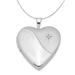 20mm Polished and Satin Diamond Heart Silver Locket Necklace