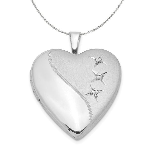 20mm Polished and Satin Triple Diamond Heart Silver Locket Necklace