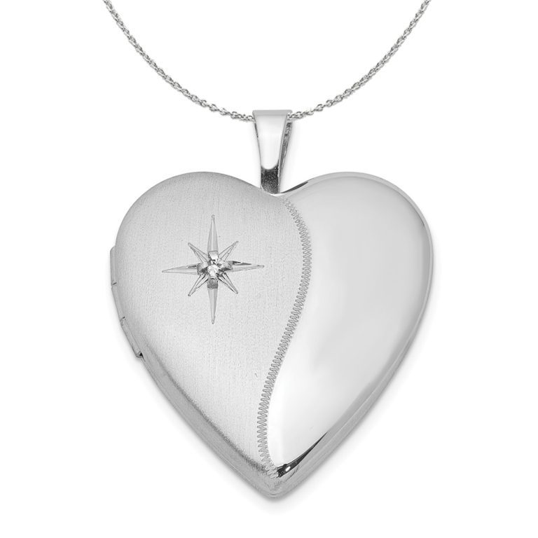 20mm Satin and Polished Diamond Heart Silver Locket Necklace