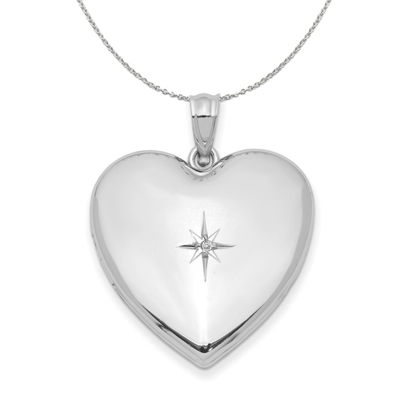 24mm .01 Ct Diamond Star Design Heart Shaped Silver Locket Necklace