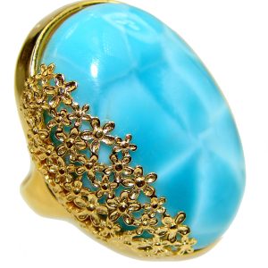 27.4 carat Larimar 18K Gold over .925 Sterling Silver handcrafted Ring s. 7