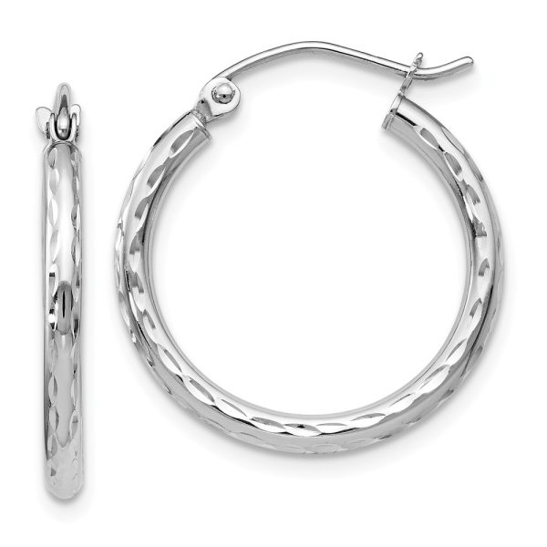 2mm 10k White Gold Diamond Cut Round Hoop Earrings, 20mm (3/4 Inch)