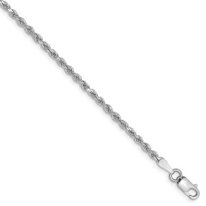 2mm, 14k White Gold, Diamond Cut Solid Rope Chain Bracelet, 6 Inch