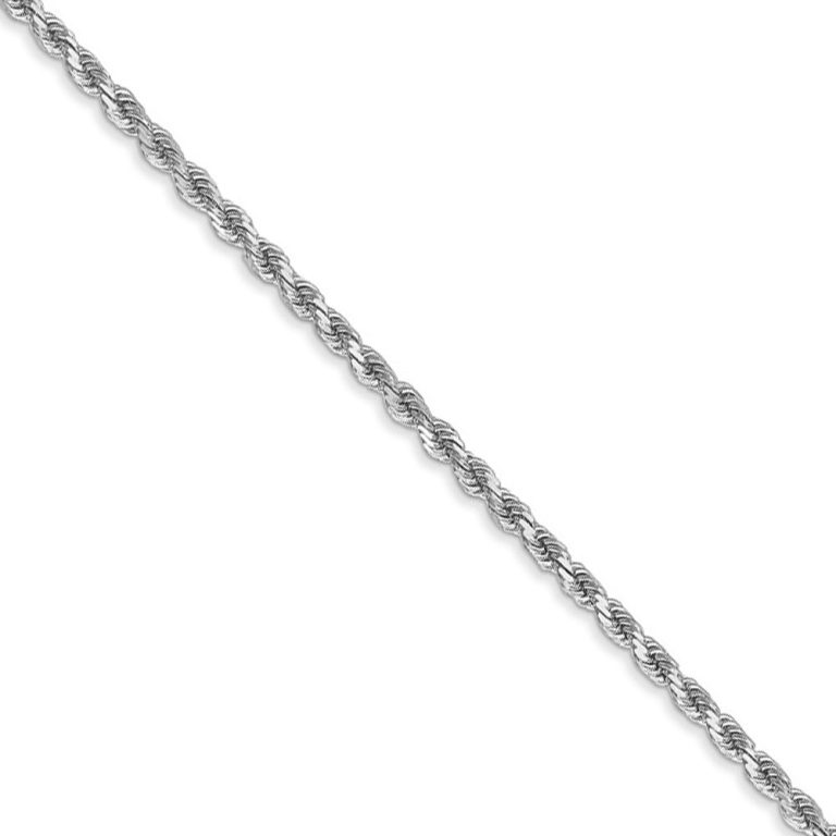 2mm, 14k White Gold, Diamond Cut Solid Rope Chain Necklace, 20 Inch