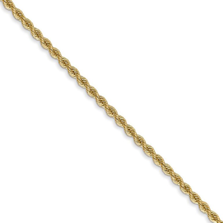 2mm 14k Yellow Gold Classic Solid Rope Chain Necklace, 18 Inch