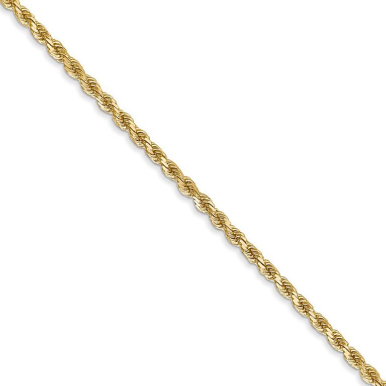 2mm, 14k Yellow Gold, Diamond Cut Rope Chain Necklace, 16 Inch