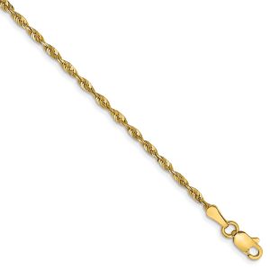 2mm, 14k Yellow Gold Light D/C Rope Chain Anklet or Bracelet, 9 Inch