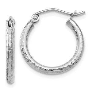 2mm Diamond Cut Round Hoop Earrings in 10k White Gold, 17mm (5/8 Inch)