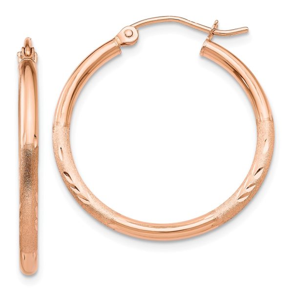 2mm x 25mm 14k Rose Gold Satin & Diamond-Cut Round Hoop Earrings