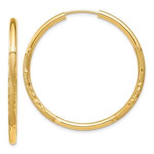 2mm x 34mm 14k Yellow Gold Satin Diamond-Cut Endless Hoop Earrings