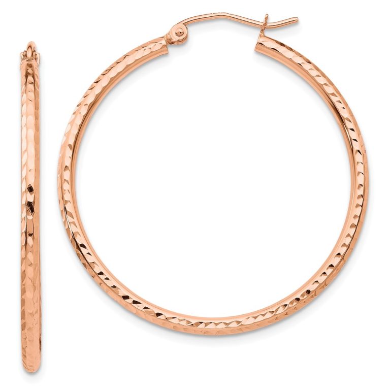 2mm x 35mm 14k Rose Gold Diamond-Cut Round Hoop Earrings