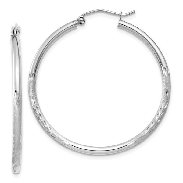 2mm x 35mm 14k White Gold Satin & Diamond-Cut Round Hoop Earrings