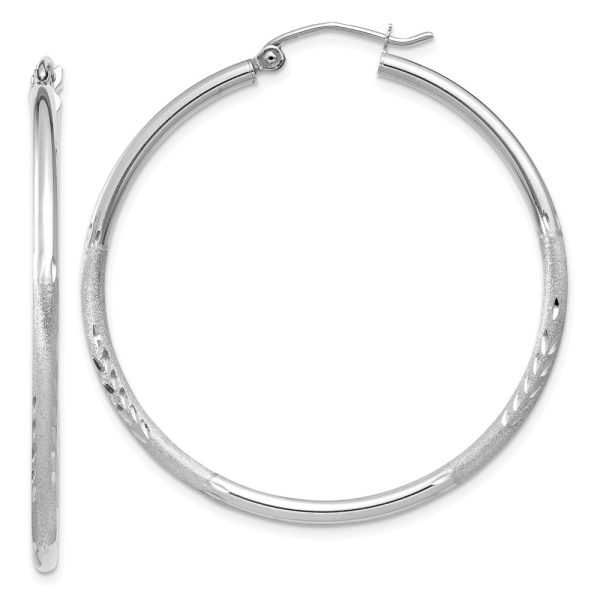 2mm x 40mm 14k White Gold Satin & Diamond-Cut Round Hoop Earrings