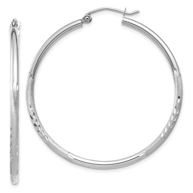 2mm x 40mm 14k White Gold Satin & Diamond-Cut Round Hoop Earrings