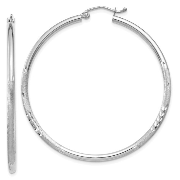 2mm x 45mm 14k White Gold Satin & Diamond-Cut Round Hoop Earrings