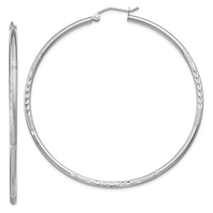 2mm x 55mm 14k White Gold Satin & Diamond-Cut Round Hoop Earrings