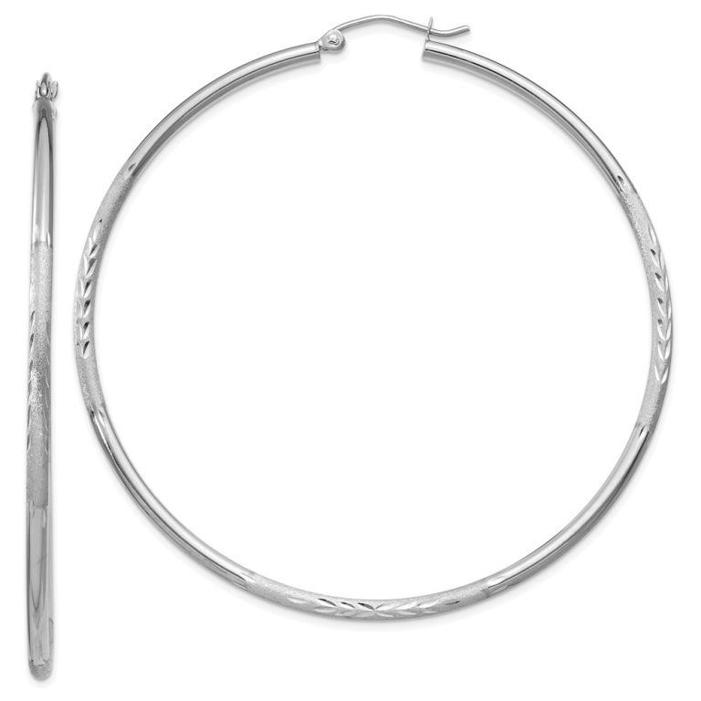 2mm x 60mm 14k White Gold Satin & Diamond-Cut Round Hoop Earrings