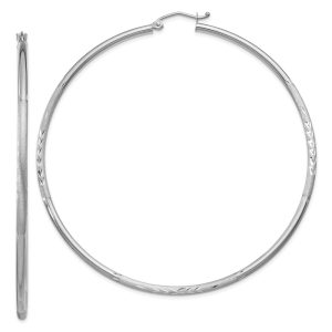 2mm x 65mm 14k White Gold Satin & Diamond-Cut Round Hoop Earrings