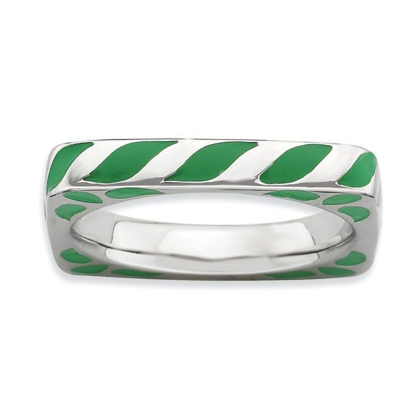 3.25mm Silver and Green Enamel Stackable Square Band Size 5