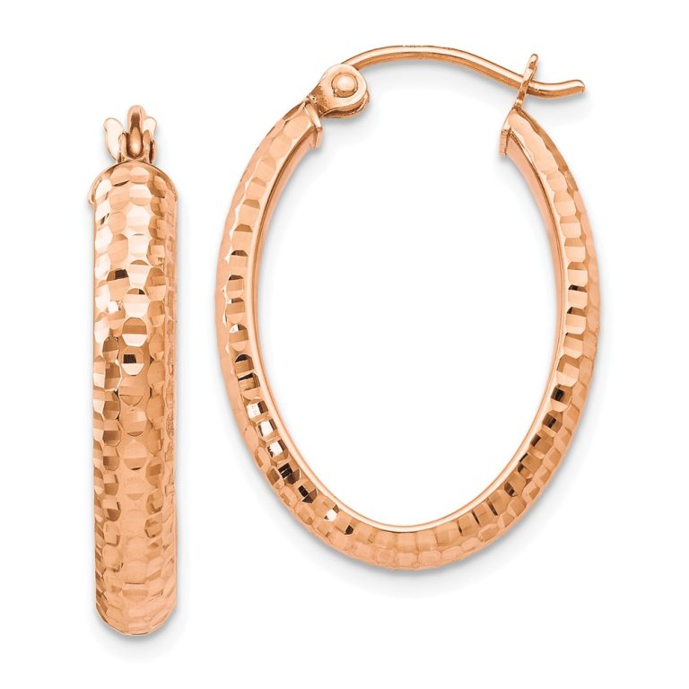 3.5mm 10k Rose Gold Diamond Cut Oval Hoop Earrings, 22mm (7/8 Inch)