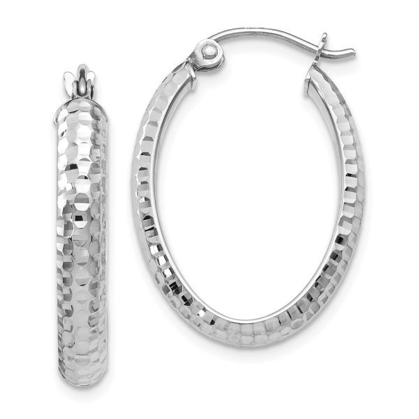 3.5mm 10k White Gold Diamond Cut Oval Hoop Earrings, 22mm (7/8 Inch)