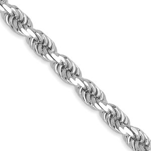 3.5mm 10k White Gold Solid Diamond Cut Rope Chain Bracelet, 7 Inch