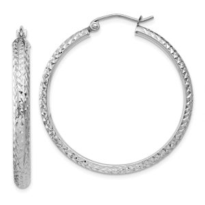 3.5mm, Diamond Cut 14k White Gold Round Hoop Earrings, 34mm