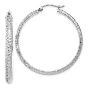 3.5mm, Diamond Cut 14k White Gold Round Hoop Earrings, 38mm (1 1/2 In)