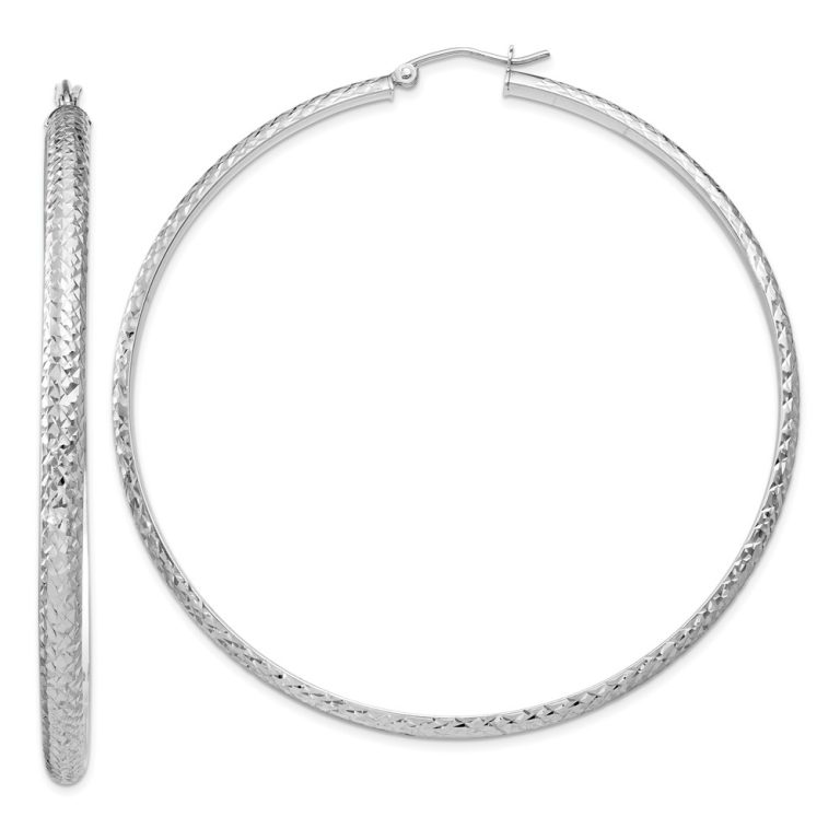 3.5mm, Diamond Cut 14k White Gold Round Hoop Earrings, 65mm (2 1/2 In)