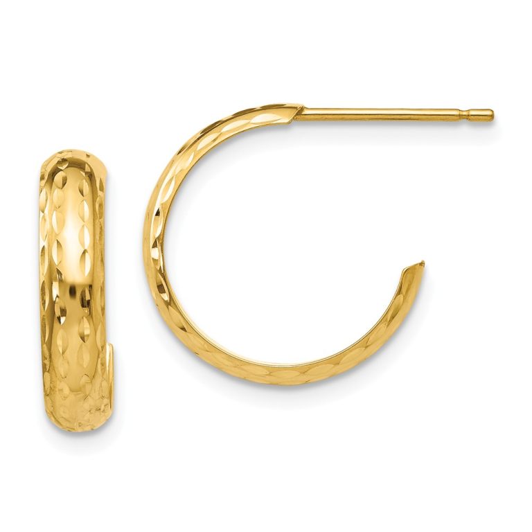 3.5mm Diamond Cut J-Hoop Earrings in 14k Yellow Gold, 15mm