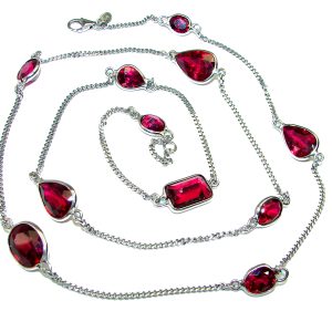 32 inches authentic Raspberry Red Topaz .925 Sterling Silver handmade Station Necklace