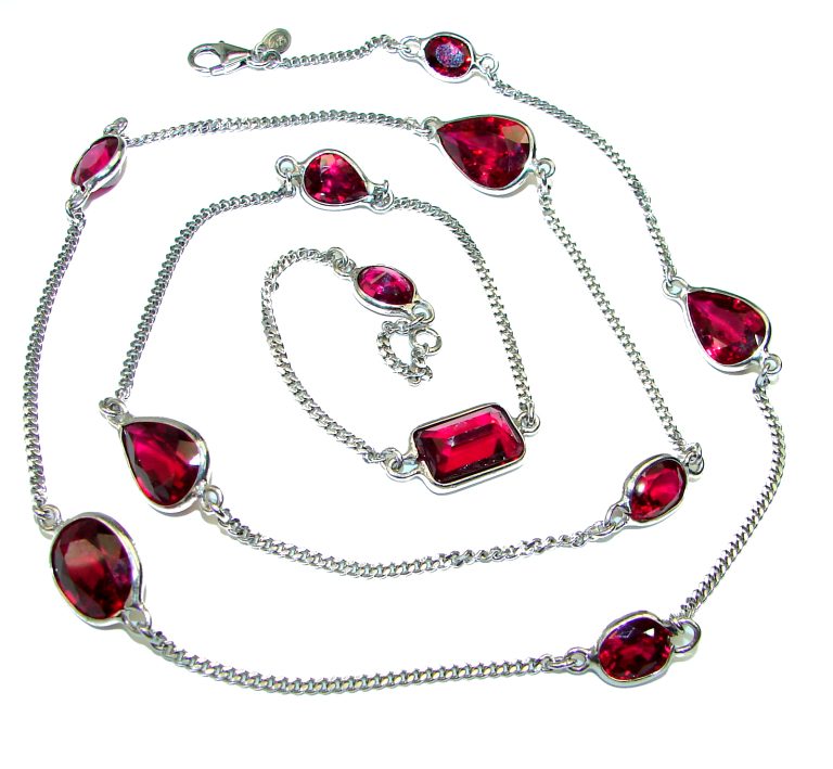 32 inches authentic Raspberry Red Topaz .925 Sterling Silver handmade Station Necklace