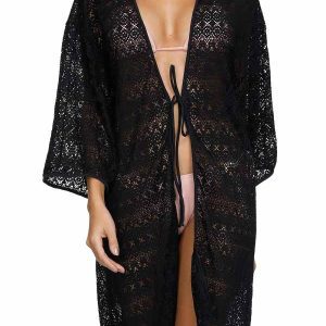 3/4 Sleeve Crochet Open Front Tie Waist Beach Cover Up