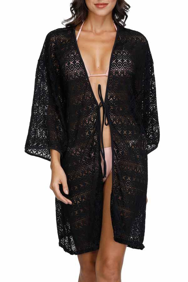 3/4 Sleeve Crochet Open Front Tie Waist Beach Cover Up