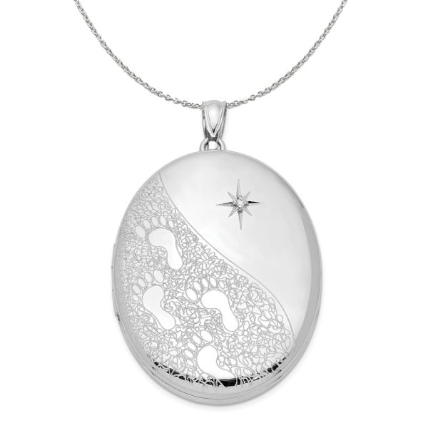 34mm Footprints and Diamond Star Oval Silver Locket Necklace