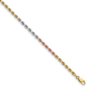 3mm 14k Tri-Color Gold, D/C Solid Rope Chain Bracelet, 8 Inch