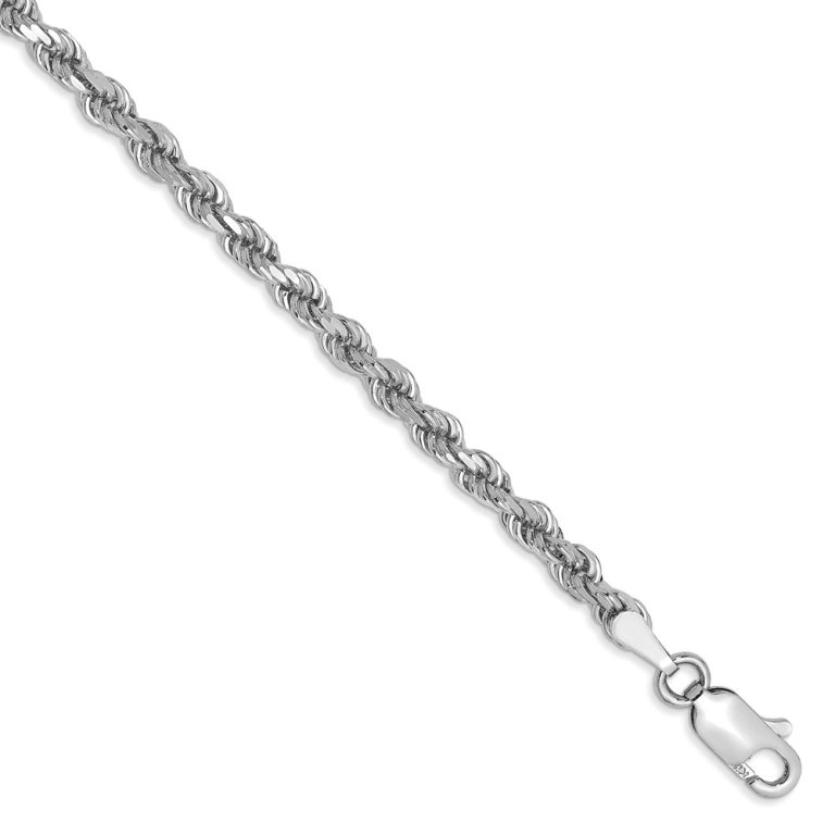 3mm, 14k White Gold, D/C Solid Rope Chain Anklet or Bracelet, 9 Inch