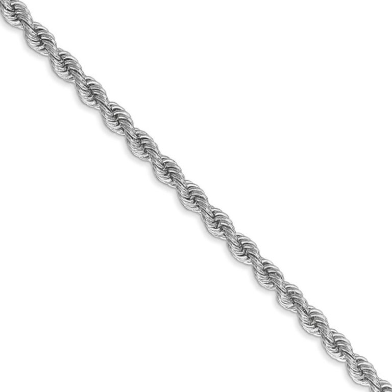 3mm, 14k White Gold, Handmade Solid Rope Chain Necklace, 30 Inch