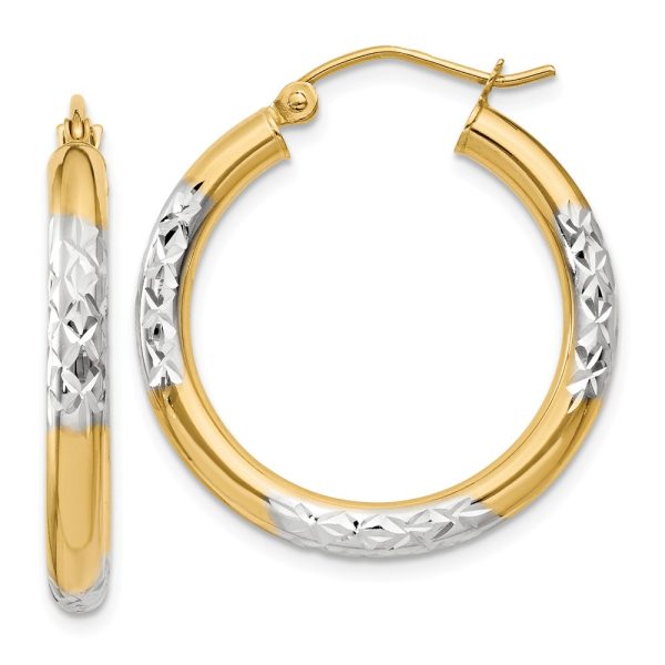 3mm, 14k Yellow Gold Diamond Cut Round Hoop Earrings, 25mm (1 Inch)