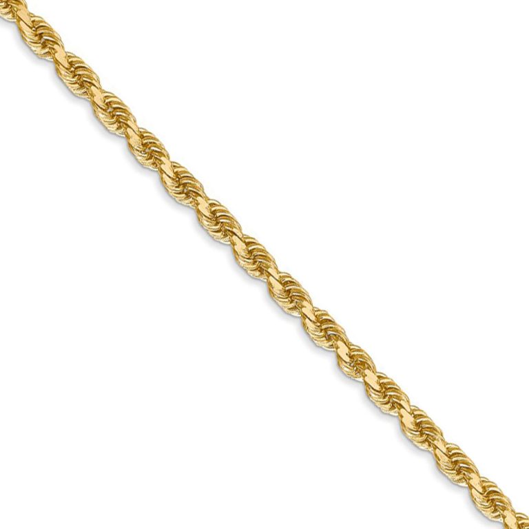 3mm 14k Yellow Gold Solid Diamond Cut Rope Chain Necklace, 18 Inch