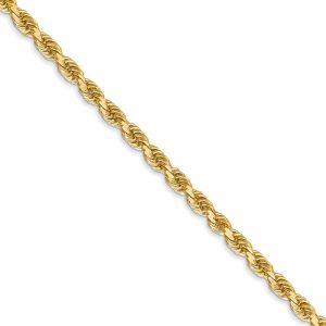 3mm 14k Yellow Gold Solid Diamond Cut Rope Chain Necklace, 24 Inch