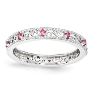 3mm Sterling Silver Stackable Created Pink Sapphire Scroll Band Size10