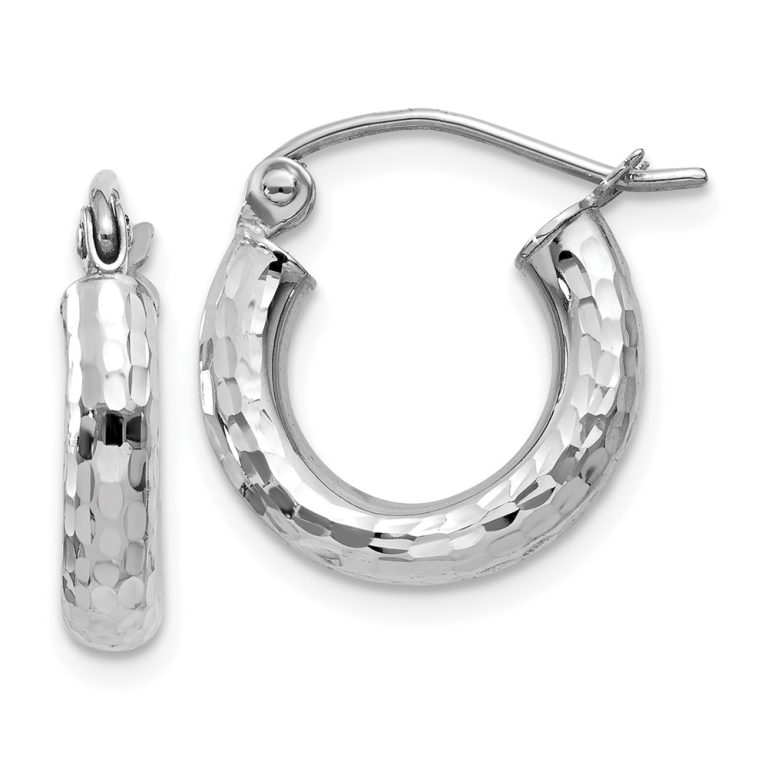 3mm x 14mm, 14k White Gold, Diamond-cut Round Hoop Earrings