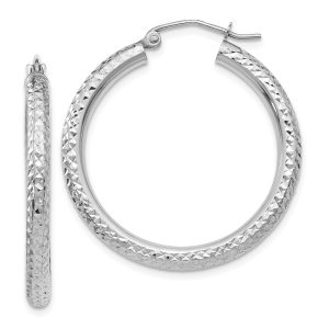 3mm x 30mm, 14k White Gold, Diamond-cut Round Hoop Earrings