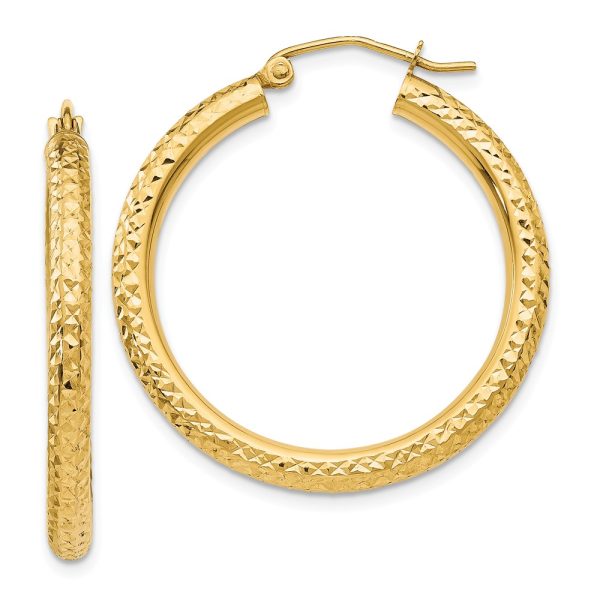 3mm x 30mm, 14k Yellow Gold, Diamond-cut Round Hoop Earrings