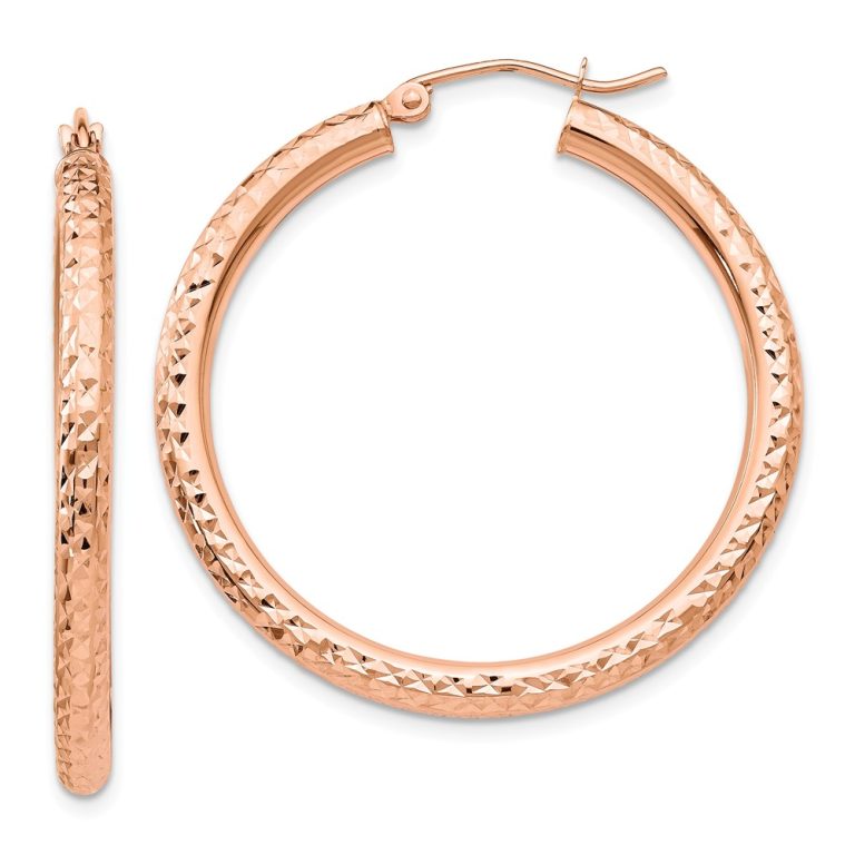 3mm x 35mm 14k Rose Gold Large Diamond-Cut Round Hoop Earrings