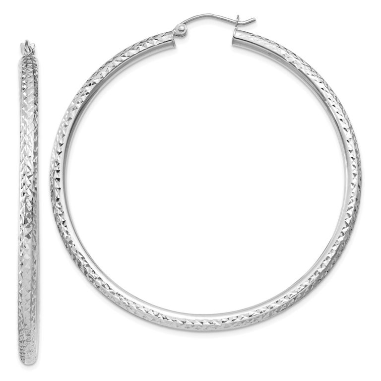 3mm x 55mm, 14k White Gold, Diamond-cut Round Hoop Earrings