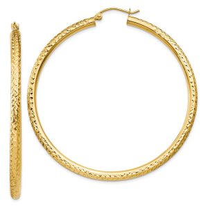 3mm x 55mm, 14k Yellow Gold, Diamond-cut Round Hoop Earrings