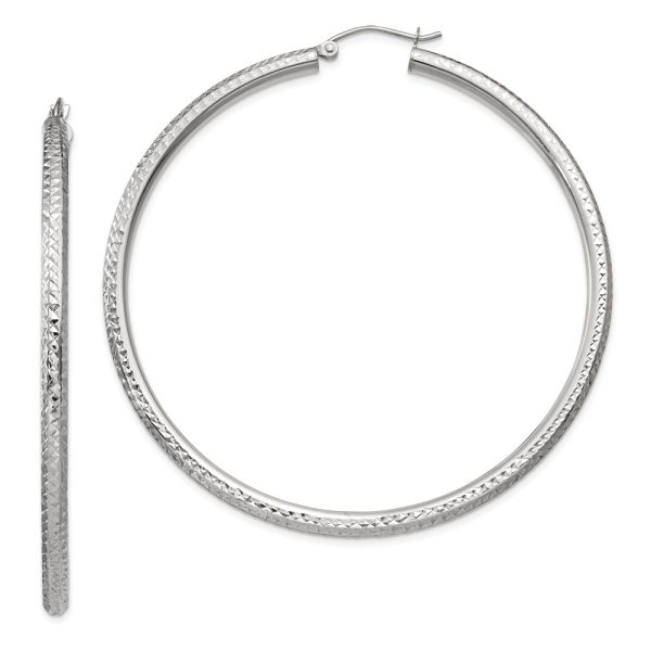 3mm x 60mm, 14k White Gold, Diamond-cut Round Hoop Earrings