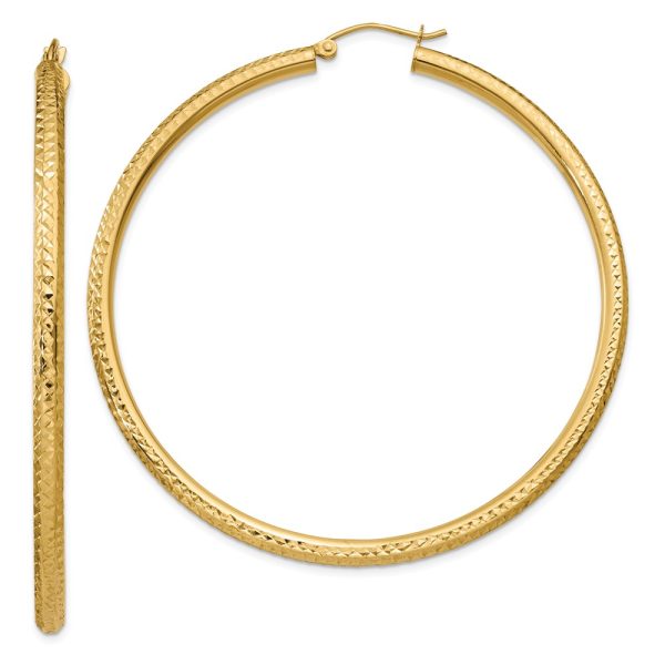 3mm x 60mm, 14k Yellow Gold, Diamond-cut Round Hoop Earrings